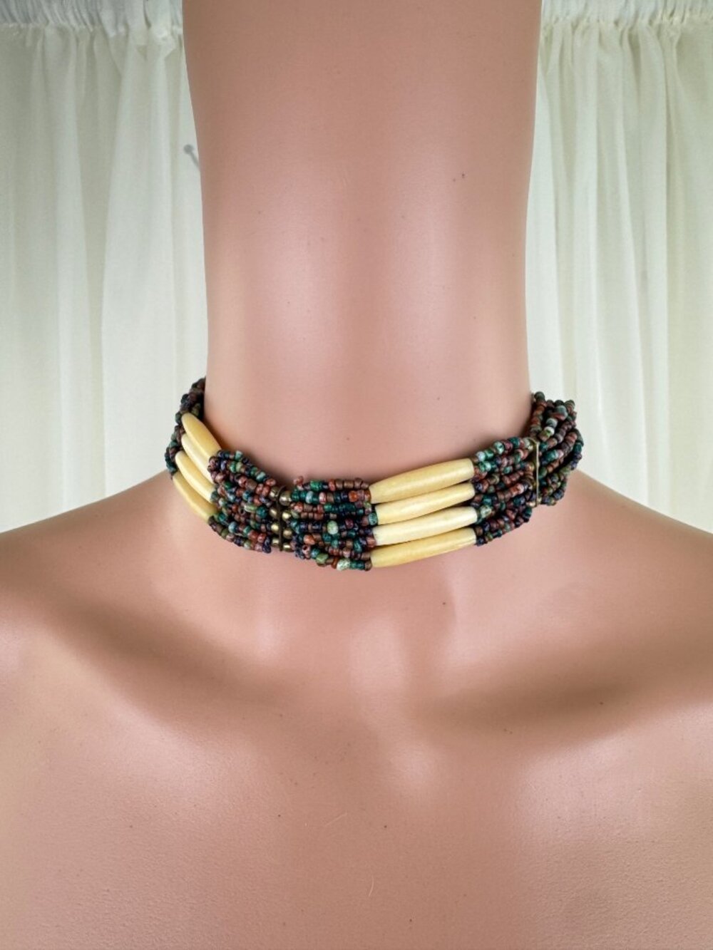 Buffalo Bone Style Beaded Choker Necklace Brown Multicolor Tribal Boho Statement